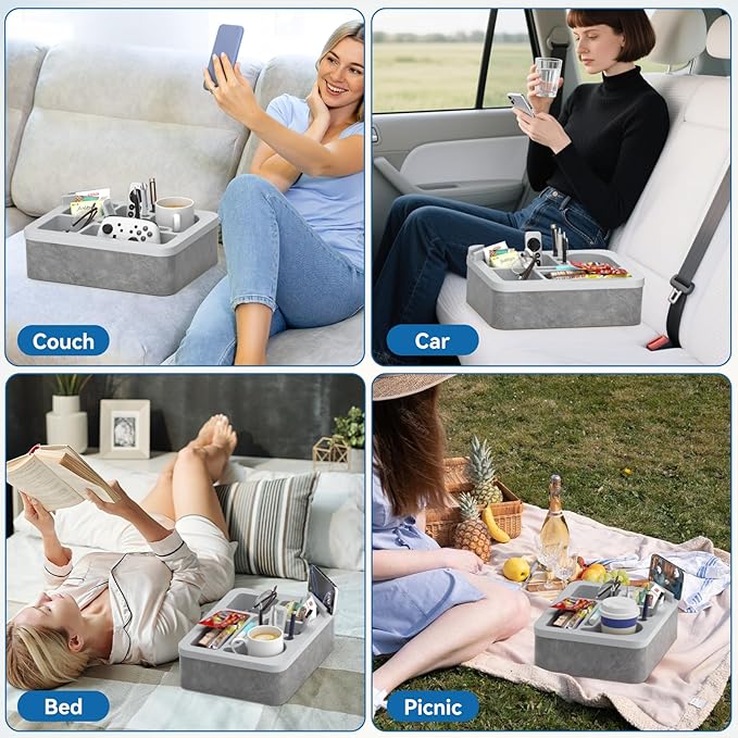 Couch Cup Holder Tray Silicone Couch Cup Holder Pillow Foam Bed Tray Snack Sofa Bed Caddy Organizer Beach Sofa Drink Holder Spill Proof Snack Caddy Removable Sofa Buddy Game Controller Kindle Phone