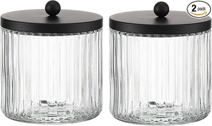 KMwares 2-Pack Glass Qtip Holder Dispenser Set - Bathroom Canister Storage Organizer for Cotton Balls, Swabs, Floss Picks, and Makeup Sponges with Matte Black Metal Lid - Clear Vanity Apothecary Jars