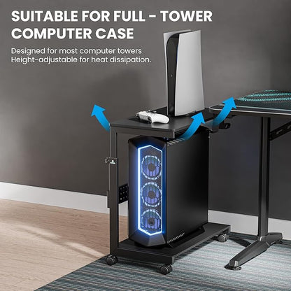 EUREKA ERGONOMIC PC Stand Computer Cart, Height Adjustable Tower Stand 2-Tier Suit for ATX Case Printer, Metal Rolling Cart on Wheels for Gaming Home Office, Carbon Fiber,Home Office Organization