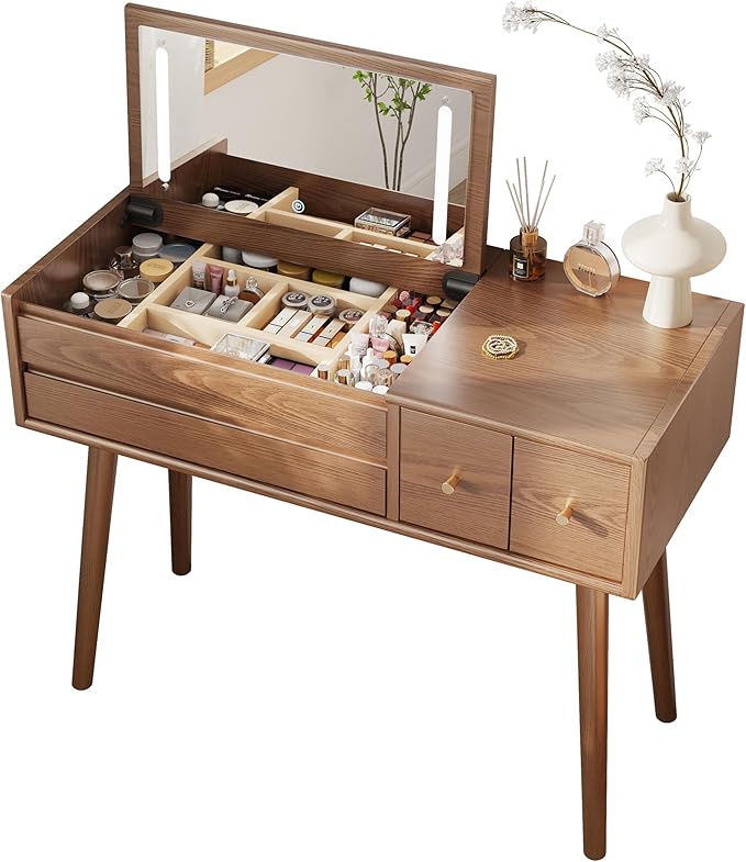 Wood Vanity Desk with Mirror and Lights, Dressing Vanity Table Vanity Set 4 Drawers, 40 Inch Large Make Up Vanity Table Wooden with 3 Lighting Modes for Bedroom Walnut(with Adapter)