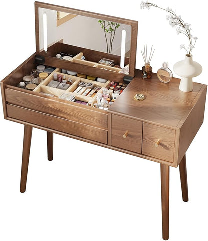 Wood Vanity Desk with Mirror and Lights, Dressing Vanity Table Vanity Set 4 Drawers, 40 Inch Large Make Up Vanity Table Wooden with 3 Lighting Modes for Bedroom Walnut(with Adapter)