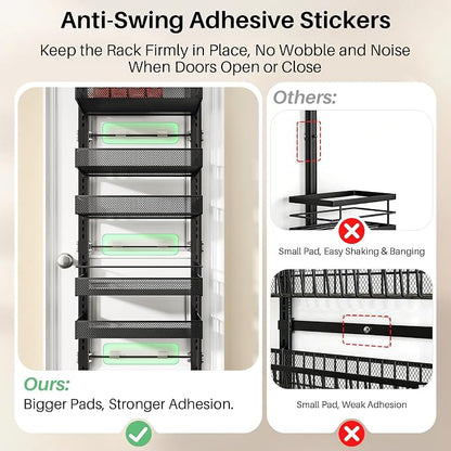 8 Tiers Over the Door Organizer - Height Adjustable Pantry Organizers and Storage with Dense Mesh Baskets, Anti-Swing Hanging Door Spice Rack for Kitchen Bathroom (Black, 12.3"W x 4.7"D x 69"H)