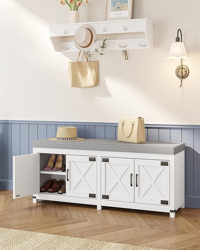 Shoe Storage Bench, 2 Tier Shoe Bench with Padded Seat Cushion & 4 Barn Doors, Entryway Bench with Adjustable Shelf, Farmhouse Shoe Cabinet for Living Room, Bedroom, White SB31203GY