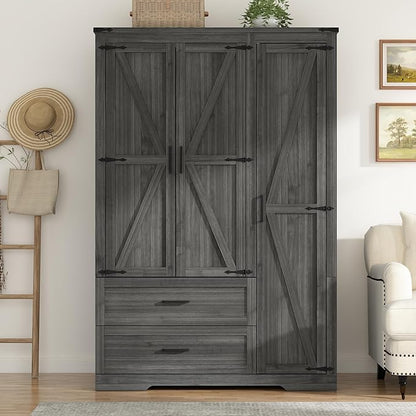 St.Mandyu Farmhouse Wardrobe Armoire Closet with 3 Doors and 2 Drawers, 70.1" Wooden Clothing Storage Cabinet, Freestanding Large Capacity Storage Wardrobe Armoire with Hanging Rod for Bedroom, Grey