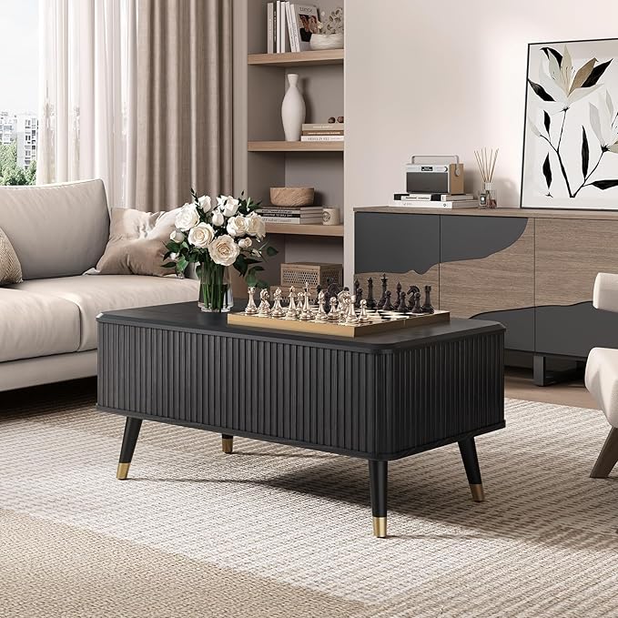 Lift Top Coffee Table with Storage, Modern Coffee Table with Solid Wood Legs, 38" Minimalist Fluted Center Table for Living Room, Home Office, Black