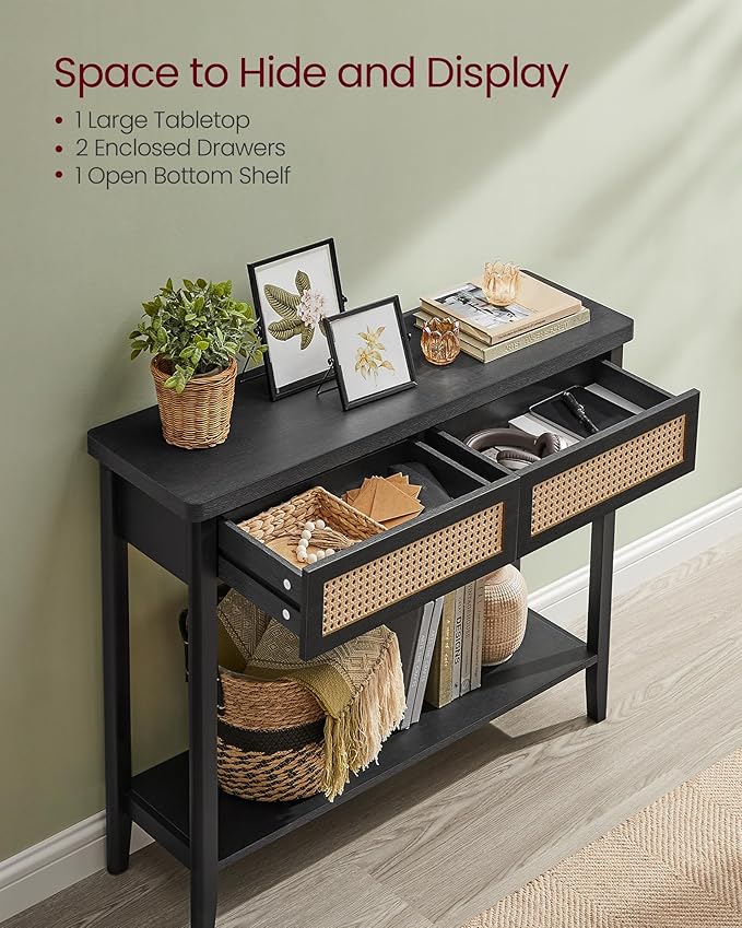 VASAGLE Console Sofa Table, Narrow Entryway Table, 2 Drawers, Open Storage Shelf, Rounded Corners, for Living Room, Boho Style, Ash Black ULNT016BF01S