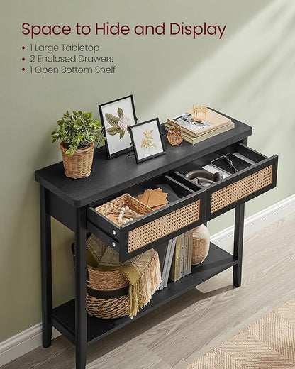 VASAGLE Console Sofa Table, Narrow Entryway Table, 2 Drawers, Open Storage Shelf, Rounded Corners, for Living Room, Boho Style, Ash Black ULNT016BF01S