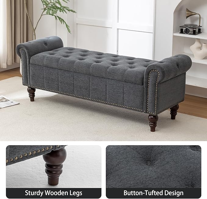 HOMEFLEX 58” Long Storage Bench, Upholstered Ottoman with Tufted Trim, Large End-of-Bed Bench for Bedrooms, Living Rooms, and Entryways (Dimgray)