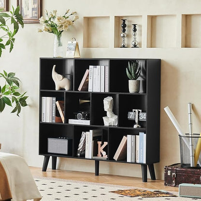 LEYAOYAO 10 Cube Bookshelf,3 Tier Modern Wide Bookcase with Legs,Mid-Century Wood Bookshelves Storage，Black Large Book Case,Freestanding Organizer Display Shelf for Bedroom,Living Room,Office