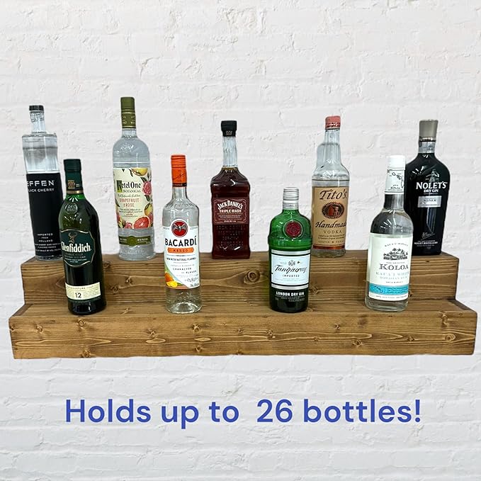 Tiered Bottle Shelf | 2 Tier Liquor Bottle Display | Bar Organization | Display Shelf | Wine Shelf | Bar Display | Kitchen Counter Shelf (18", Early American)