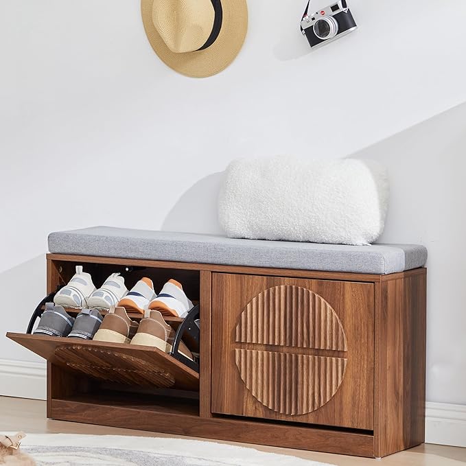 Narrow Shoe Storage Bench for Entryway, Wooden Shoe Cabinet with Flip Drawers& Adjustable Shelves, Shoe Rack Bench with Cushion, Shoe Organizer with Fluted Pattern for Hallway, Living Room (Walnut)