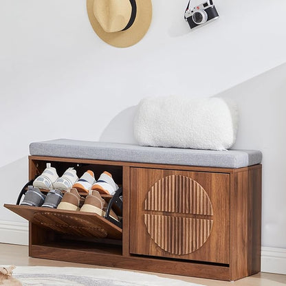Narrow Shoe Storage Bench for Entryway, Wooden Shoe Cabinet with Flip Drawers& Adjustable Shelves, Shoe Rack Bench with Cushion, Shoe Organizer with Fluted Pattern for Hallway, Living Room (Walnut)