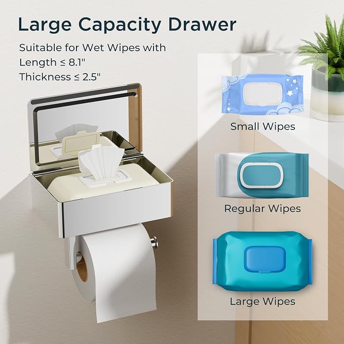 FORIOUS Toilet Paper Holder with Shelf, Sanitary Napkin Receptacle Tampon Holder, Wall Mount Toilet Paper Holder with Storage, Flushable Wipes Dispenser Fits for Bathroom Commercial(1, Chrome)