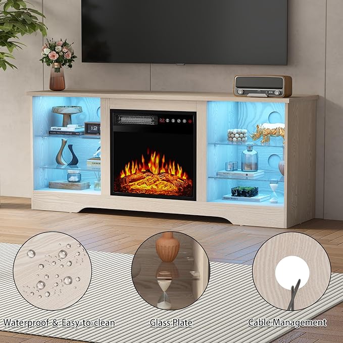 PRETZI Fireplace TV Stand with 18" Fireplace Up to 65" TVs, 58" Entertainment Center with LED Lights, TV Media Console with Adjustable Glass Shelves and Storage Cabinets for Living Room, Beige