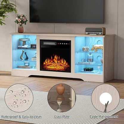 PRETZI Fireplace TV Stand with 18" Fireplace Up to 65" TVs, 58" Entertainment Center with LED Lights, TV Media Console with Adjustable Glass Shelves and Storage Cabinets for Living Room, Beige