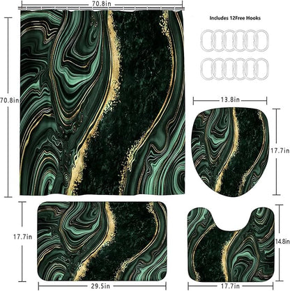 Nkzply 4 Pcs Green Marble Shower Curtain Sets with Rugs Gold Bathroom Sets with Shower Curtain and Rugs Modern Abstract Bathroom Decor Accessories Shower Curtains for Bathroom Toilet Lid Cover