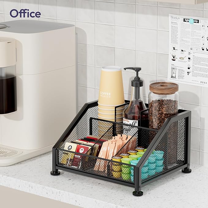 SWTYMIKI Coffee Bar Organizer for Countertop – Space-Saving Kcup Organizer with Tiered Shelves, Coffee Station for Pods, Sugar, Syrup, Cups, Stirrers, Condiment Organizer Storage