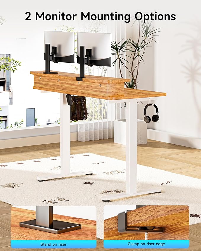 BIZUM Standing Desk with 2 Drawers Computer Desk-Stand up Desk Home Office Gaming Memory Desks C-Clamp Mount Compatible, 48x24 Inch Light Rustic Brown