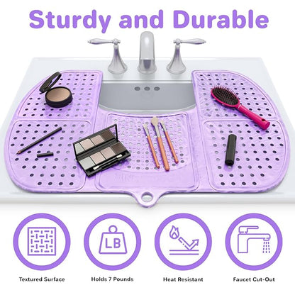 Sink Topper Bathroom Counter Cover & Storage Saver, Foldable Silicone Mat for Hot Tools, Hair Styling & Makeup, Beauty Brush Cleaning Mat, RV Camper Sink Cover & for Small Spaces (Large - Lavender)