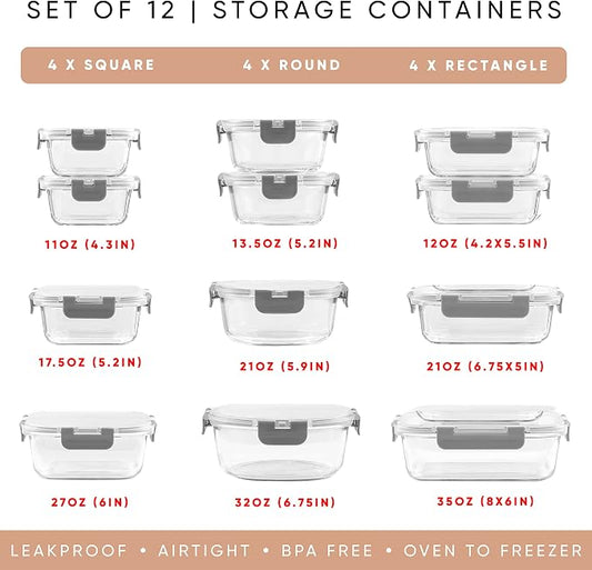 JoyJolt 24pc Borosilicate Glass Storage Containers with Lids | 12 Airtight/Freezer Safe Food Storage Containers for Pantry and Kitchen | Meal Prep Container for Lunch | Glass Tupperware Set