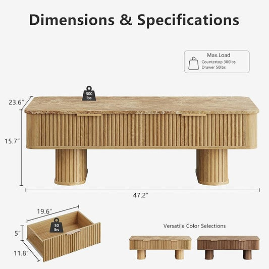 win2win Fluted Coffee Table with Storage, Boho Modern Coffee Table with Faux Marble Top, Minimalist Rectangle Center Table with Sculptural Pedestal Legs & Drawers for Living Room, Office, Oak