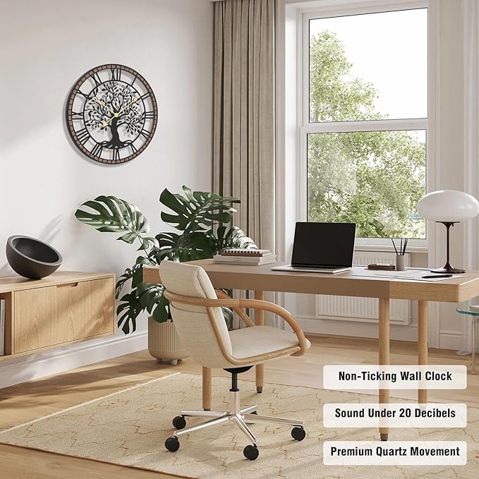 Micasso Non-Ticking Large Wall Clock: 24Inch Tree of Life Metal Black with Solid Wood Frame - Silent Battery Operated Clock for Living Room/Office/Bedroom/Kitchen - Home Decor for Fashion-Conscious