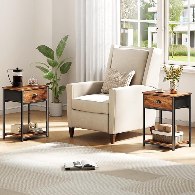 Furologee End Table with Storage Shelf and Fabric Drawer, 2 Tiers Industrial Nightstand, Bedside Table Organizer for Living Room Bedroom, Rustic Brown, Easy Assembly