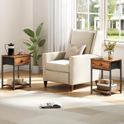 Furologee End Table with Storage Shelf and Fabric Drawer, 2 Tiers Industrial Nightstand, Bedside Table Organizer for Living Room Bedroom, Rustic Brown, Easy Assembly