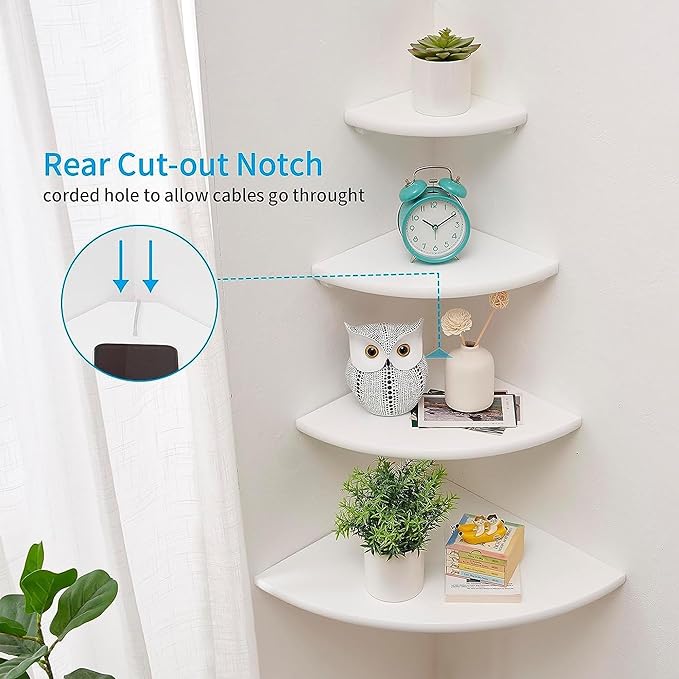 Conamily Corner Shelves, Floating Corner Shelf, Set of 2 White Solid Oak Wood Wall Shelves, Round End Wall Mount with Wire Hole Shelving for Small Plant for Bedroom Kitchen, Living Room 8.7"