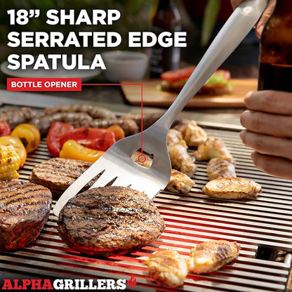 Alpha Grillers Grilling Accessories - Grilling Gifts for Men - BBQ Accessories Grill Tools Set with Spatula, Fork, Brush & Tongs - Outdoor Barbecue Utensils Gifts for Men Dad Him Boyfriend