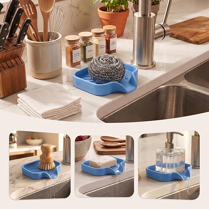 MicoYang Silicone Soap Dish with Drain Spout, Self-Draining Sink Organizer Tray for Bathroom & Kitchen, Sponges, Dispensers & Soap Holder, Non-Slip & Dishwasher Safe, Lichen Blue (Compact, 4.9"×3.2")