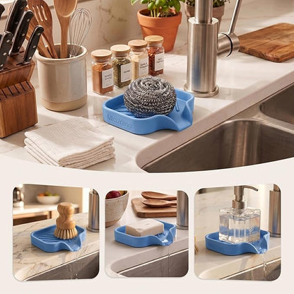 MicoYang Silicone Soap Dish with Drain Spout, Self-Draining Sink Organizer Tray for Bathroom & Kitchen, Sponges, Dispensers & Soap Holder, Non-Slip & Dishwasher Safe, Lichen Blue (Compact, 4.9"×3.2")