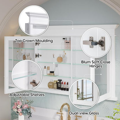 WELLFOR 48"x 32" Bathroom Medicine Cabinet with 3-Tier Adjustable Shelves, Recessed Solid Wood Medicine Cabinet with Mirrors, Wood Miiror Cabinet with 2 Soft-Close Door and Open/Built-in 6 Shelves