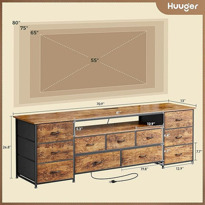 Huuger 70 Inch TV Stand for 75, 80 Inch TV, 11 Drawer Long Dresser with Power Outlets and LED Lights, Entertainment Center with Storage, Rustic Brown Dresser with Printed Surface