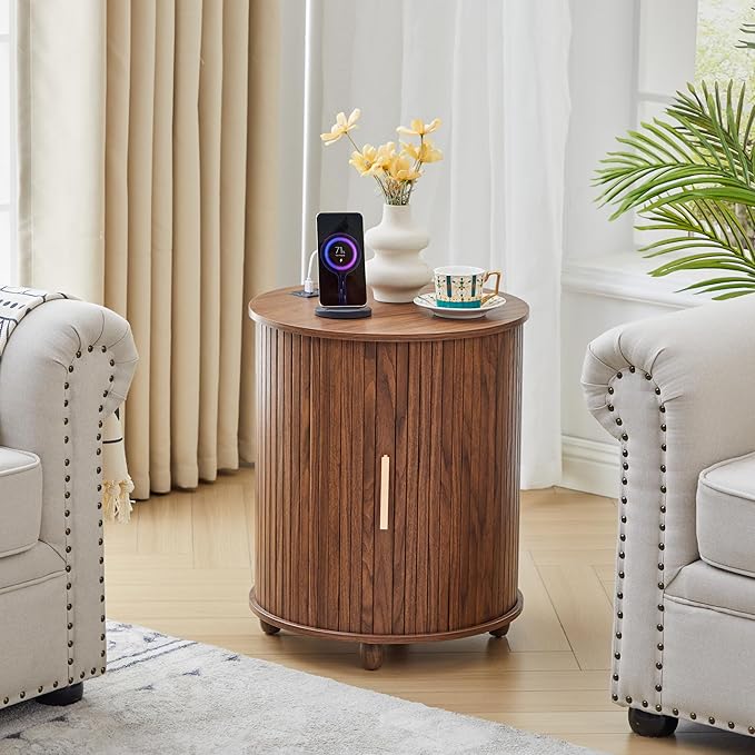 Fluted Round End Table with Charging Station, Farmhouse Small Sofa Side Table with Sliding Tambour Door & Storage, Mid-Century Wood Fulted Nightstands for Living Room, Bedroom (Walnut)