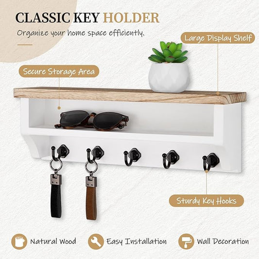 Nekon Key Holder Wall Mount, Wall Organizer Shelf with 5 Key Hooks, Room Decor for Home and Apartment Essentials, Light Brown and White