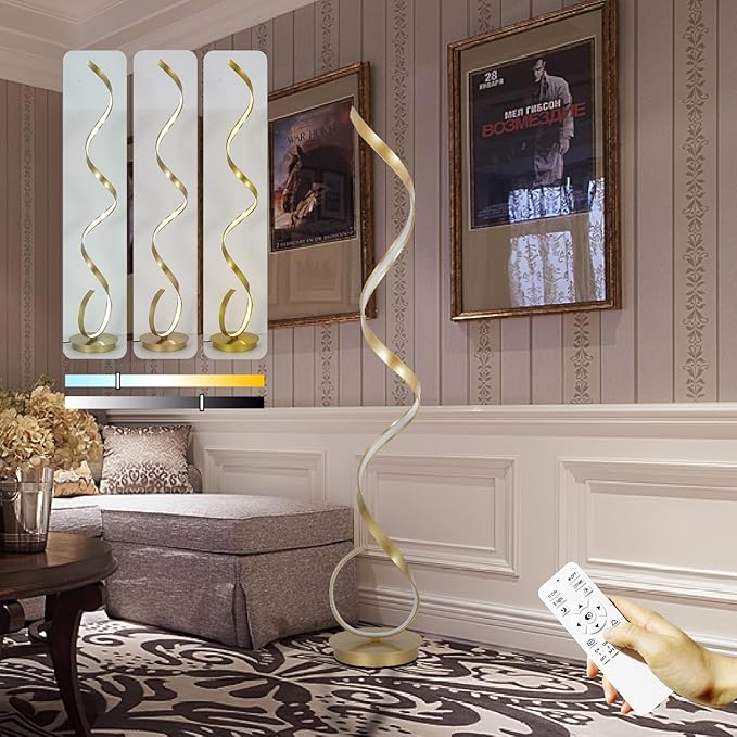 3 Color Light Modern Gold Floor Lamp,57" Dimmable Tall Lamp with Foot Switch,Remote Control,Spiral Standing Beside Lamp for Living Room,Bedroom,Dining Room(Gold)
