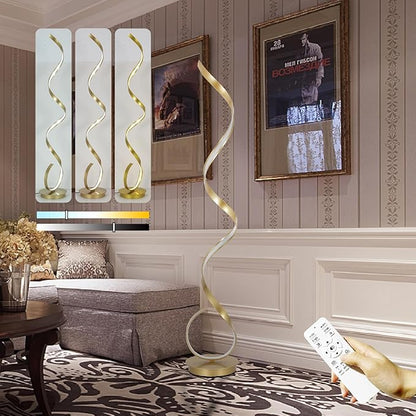3 Color Light Modern Gold Floor Lamp,57" Dimmable Tall Lamp with Foot Switch,Remote Control,Spiral Standing Beside Lamp for Living Room,Bedroom,Dining Room(Gold)