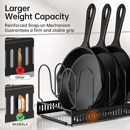 MUDEELA 2 Pack Pots and Pans Organizer Rack for under Cabinet, Expandable Pot Lid Kitchen Cabinet Organizer Holder with 10 Adjustable Compartment Cutting Board Organizer for Pan Lid, Bakeware Sheet