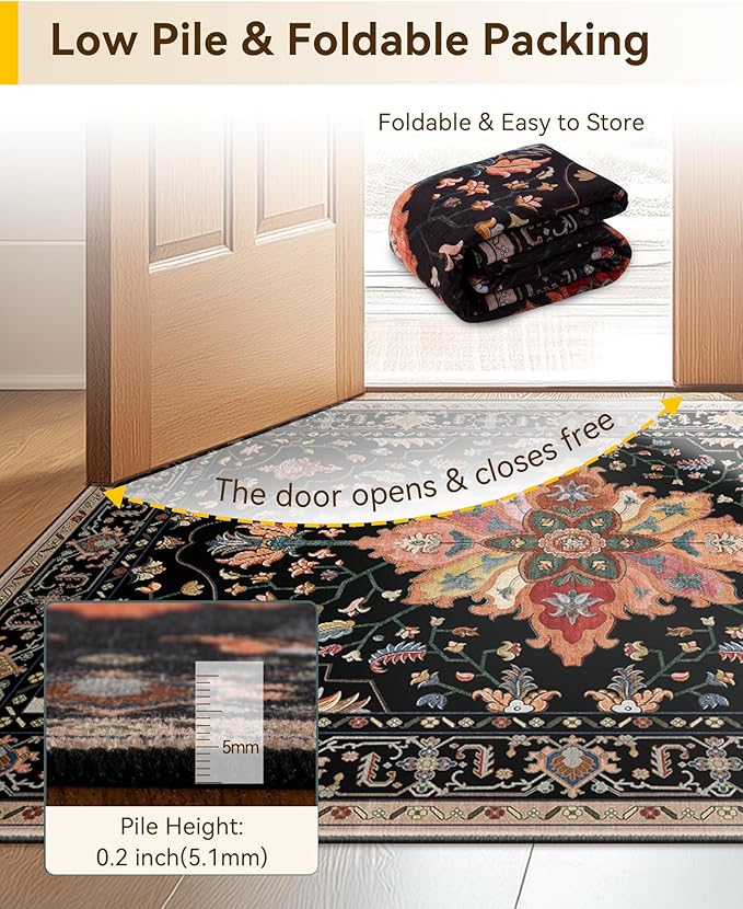 RELEANY Area Rugs Runner 2'x8' Washable Non-Slip, Floral Vintage Distress Medallion Carpet for Kitchen Hallway Bedroom Beside Laundry Room Bathroom, Black Colorful Floral Dark Tan