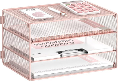 DALTACK 3 Tier Letter Tray Paper Organizer for Desk, Mesh Metal Desk File Organizer with Sliding Trays for Letter/A4 Paper, Mail, Bills & Folders, Pink