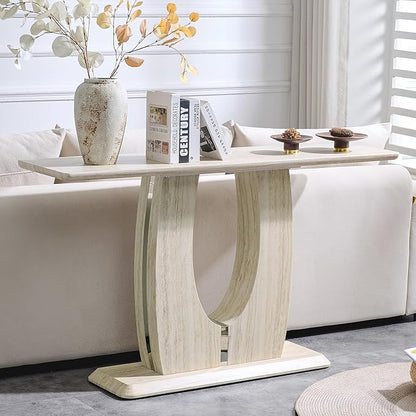 55" Console Table for Entryway, Narrow Sofa Entrance Table with Faux Mars Marble Pattern, Modern Sofa Tables with U-Shaped Base for Living Room, Hallway, Foyer, Home Office, Beige Dark
