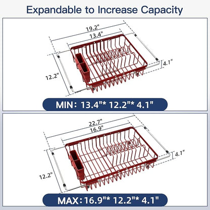 JASIWAY Red Expandable Stainless Steel Dish Drying Rack Over The Sink for Small Kitchen, Counter Space Saving Compact Plate Drainer Strainer, Adjustable Hanging Metal Dish Dryer with Utensil Holder