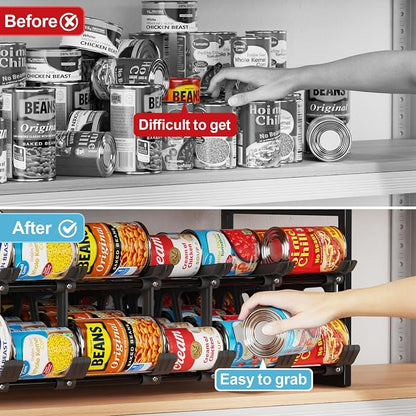 iSPECLE Expandable Can Organizer for Pantry, Large Capacity 60 Cans Can Storage Organizer Pantry Rack, Auto Rolling Dispenser & Stackable Metal Wire Holder for Deep Pantry Shelves, Black