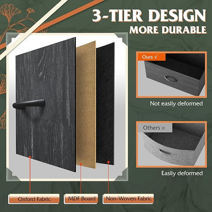 Tall Console Table with 16 Fabric Drawers, Entryway Table with Storage, Large Storage Organizer with Wood Top, Steel Frame for Living Room, Hallway, Office, Charcoal Black Wood Grain Print