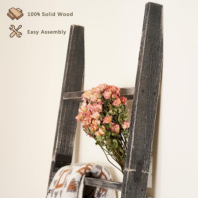 Blanket Ladder for The Living Room 6-Tier, Wooden Decorative Quilt Holder for Bed Room, Wall-Leaning Wood Towel Rack for Bathroom，Rustic Farmhouse Ladders for Display.(Black Wash)