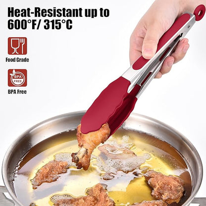 Doosu Kitchen Tongs for Cooking - 600°F Heat Resistant Food Tong with Non-Scratch Silicone Tips, Heavy Duty Stainless Steel Locking Tong for BBQ, Grilling Steak, Serving Salad, Pasta (9in, Red)