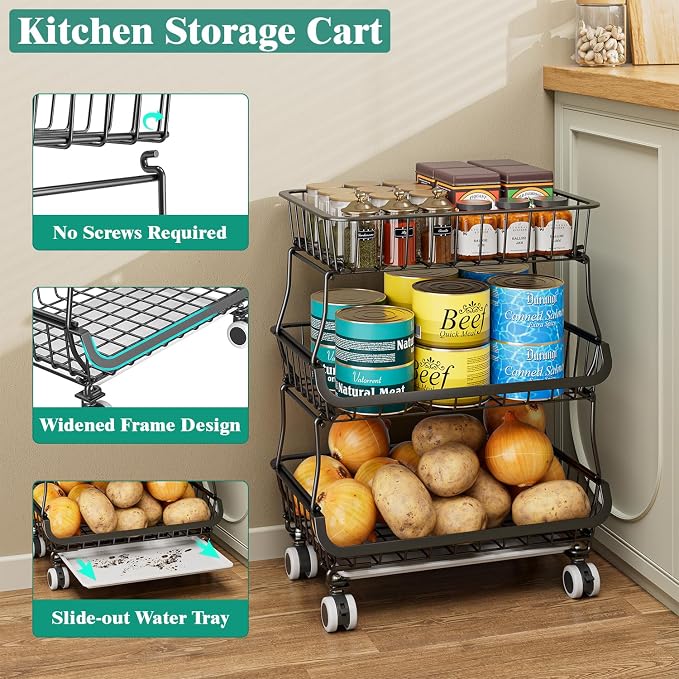Giwil 3-Tier Rolling Pantry Organizers with Wheels, Stackable Wire Basket for Kitchen Pantry Shelves, Vegetable Storage Rack Pantry Cart for Snack Fruit Onion Potato, Black