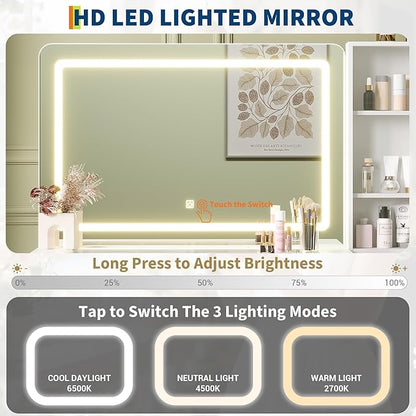 48" Makeup Vanity Desk with Mirror ＆ Lights, 4 Drawers & 3-Shelves Vanity Desk Set, 3 Color Lighting Modes ＆ Adjustable Brightness, Dressing Table Set w/Charging Station for Bedroom - White