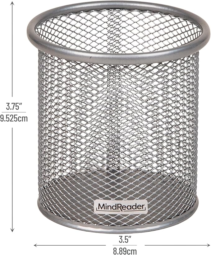 Mind Reader Pen and Accessories Holder, Desktop Organizer, Office, Metal Mesh, 3.5"L x 3.5"W x 3.75"H, Set of 3, Silver